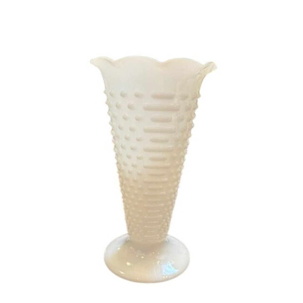 Vintage White Milk Glass Hobnail Vase With Scalloped Rim